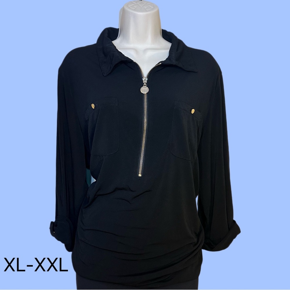 Tahari Black blouse with golden zipper accent 2XL.